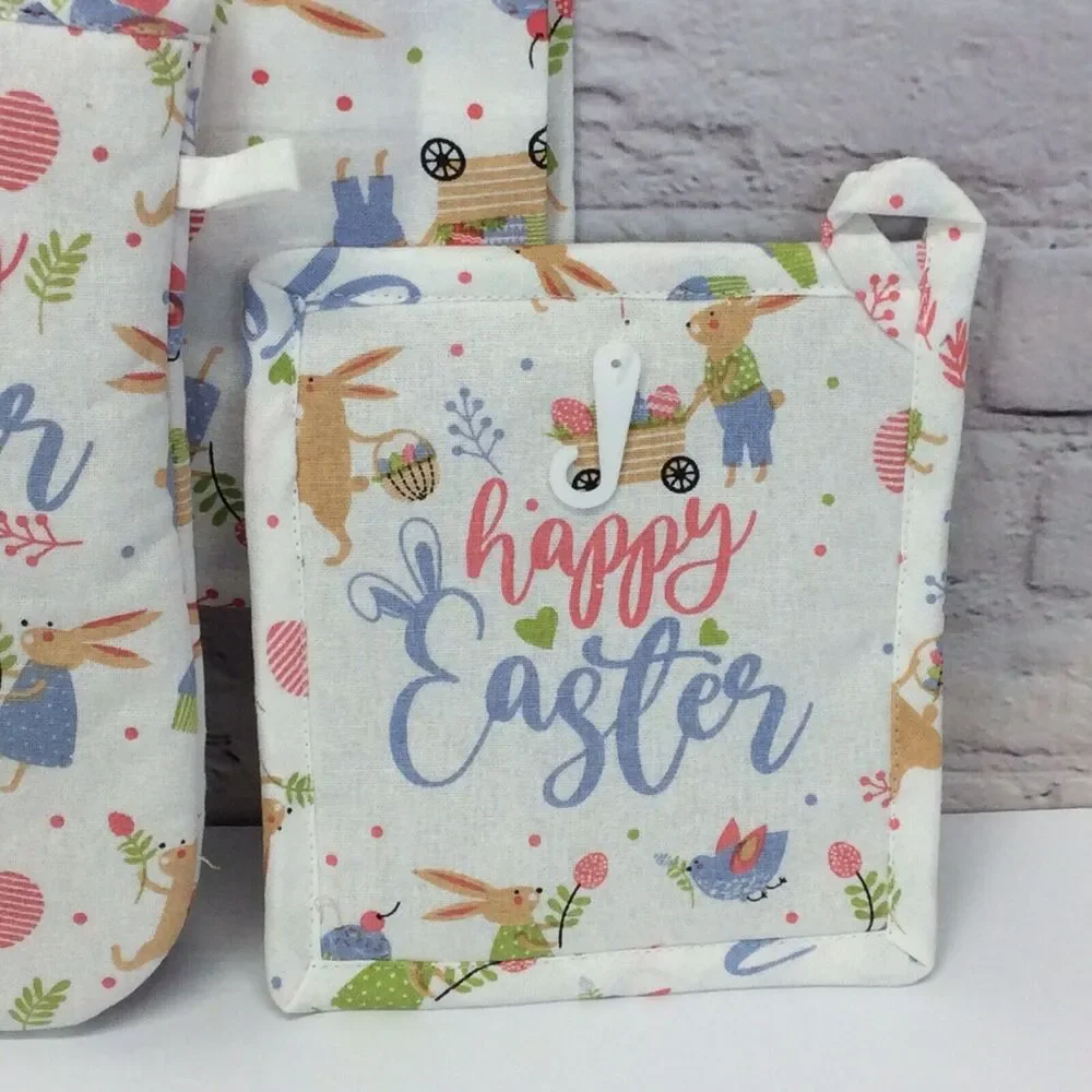 Happy Easter 3 Pc Kitchen Set Spring Pastel Blue Dish Towel/Pot Holder/Oven Mitt